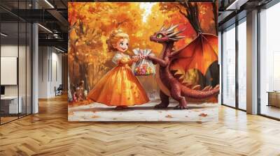 [A princess and a dragon child, happily showing off their candy bags against a backdrop of colorful fall trees],  Wall mural